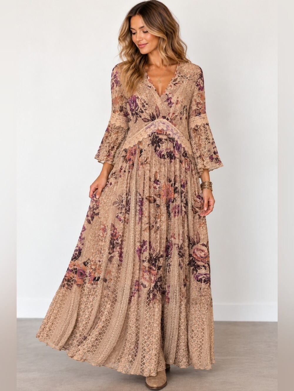 Origami by Vivien Floral Lace Crochet Boho Maxi Dress Size M
